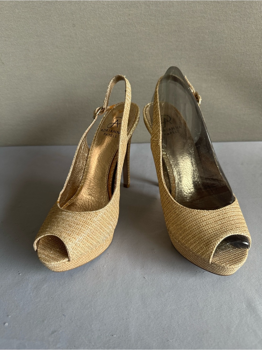 Adrianna Papell Gold Peep-Toe Slingback Heels